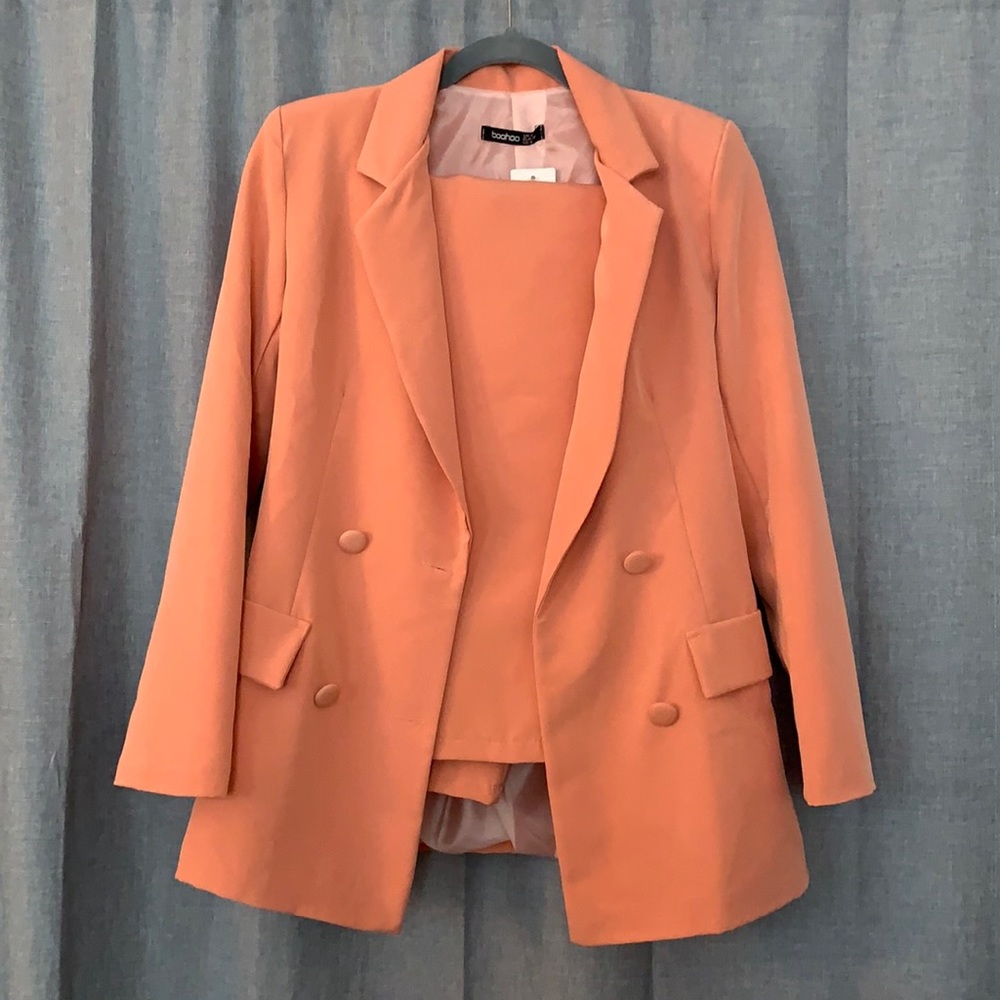Boohoo coral woven double breasted pocket blazer